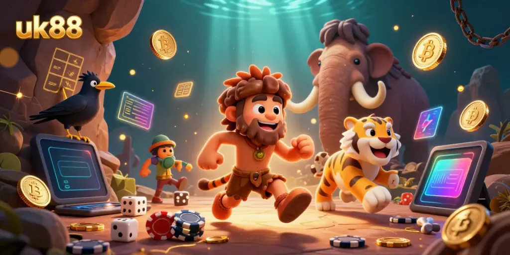 Experience the thrill of uk88 casino with cavemen and a sabertooth tiger in a vibrant digital illustration.