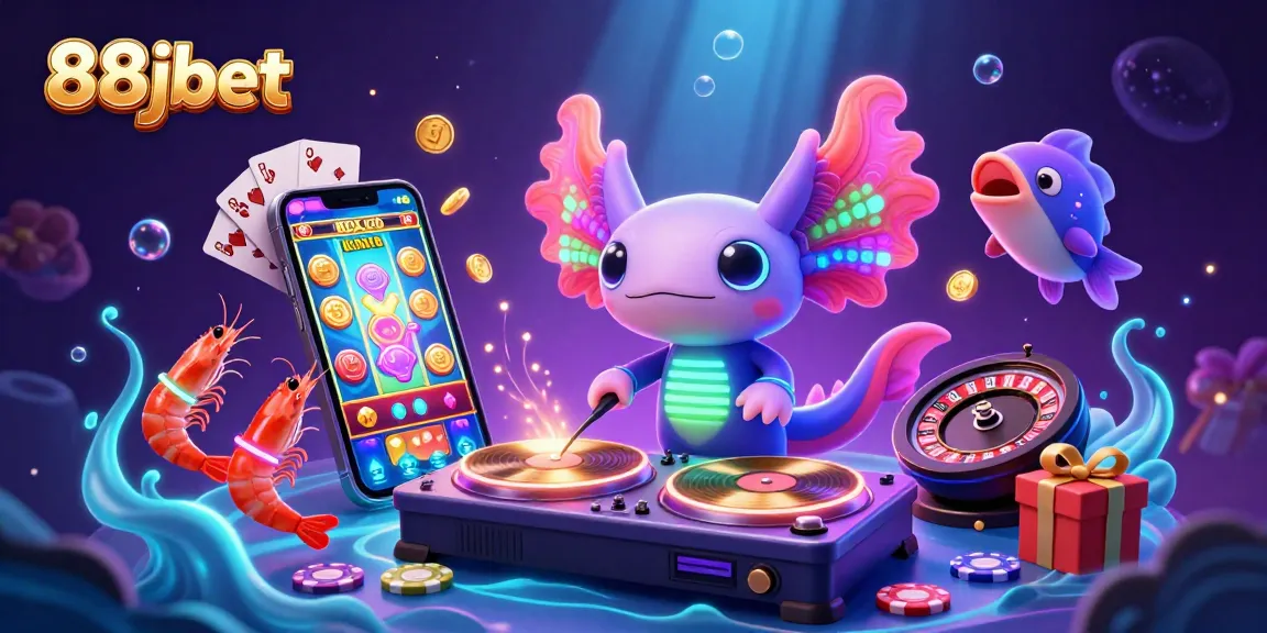 Experience the vibrant energy of 88jbet with an axolotl DJ and dancing sea creatures in an underwater casino scene.