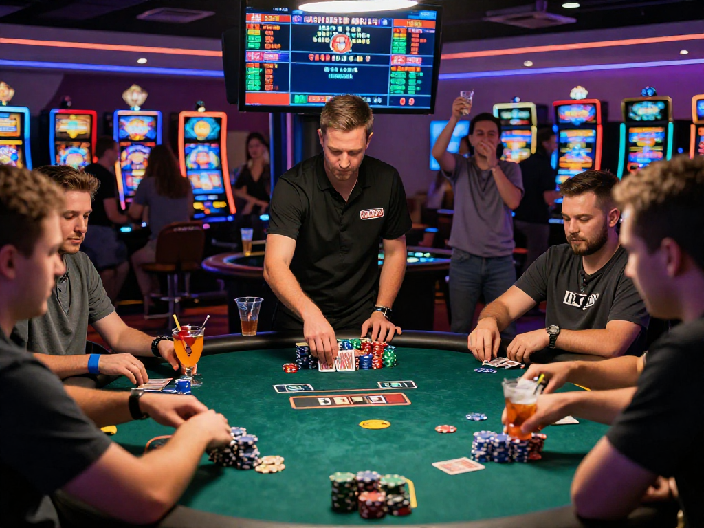 Exciting casino gaming scene at vin88 with intense poker players, neon lights, and drinks.