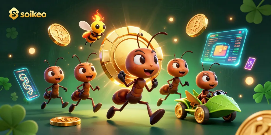 Soikeo illustrates ants performing a heist with poker chips and crypto elements in a vibrant casino scene.