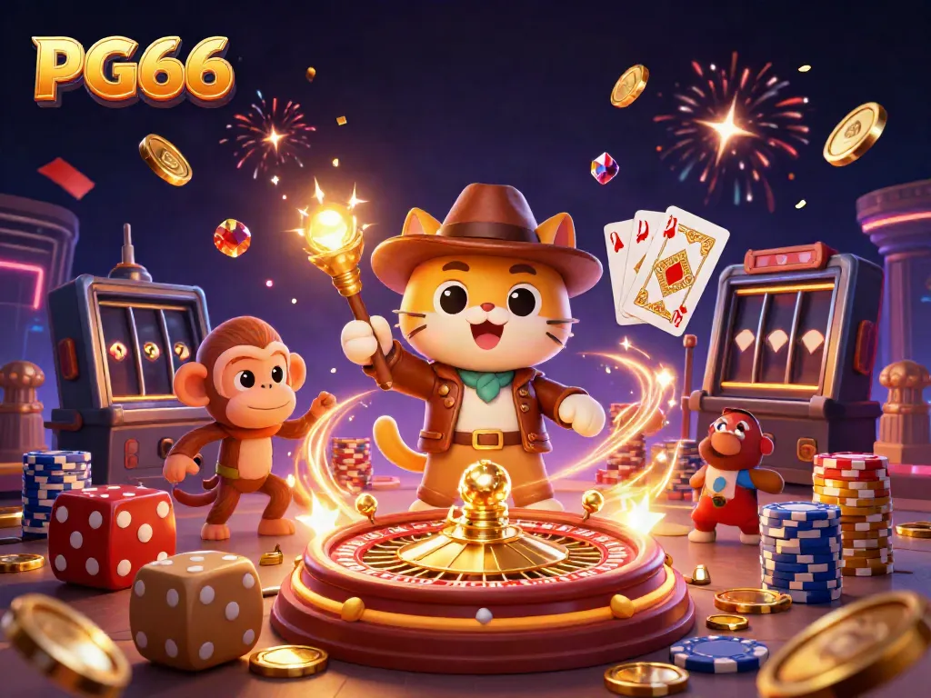 Experience thrilling wins with PG66 as a cartoon archaeologist cat and monkey unveil golden casino treasures.