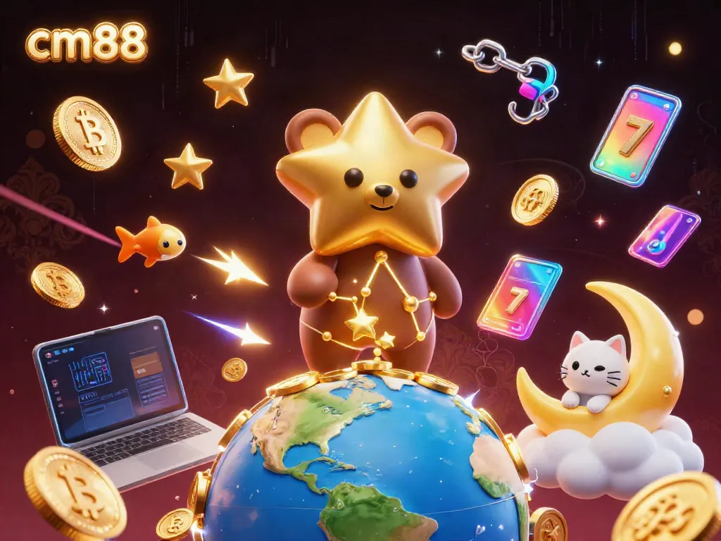Experience thrilling gameplay at cm88 with a 3D illustration of a constellation bear and vibrant casino elements.