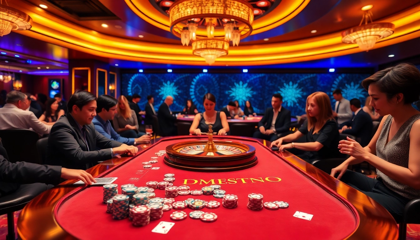 Experience the thrill of DH88 Casino with dynamic players at a poker table filled with colorful chips and cards.