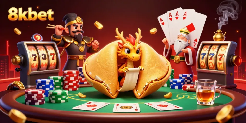 Engage in thrilling moments at 8kbet with fortune cookies, poker tables and vibrant casino elements.