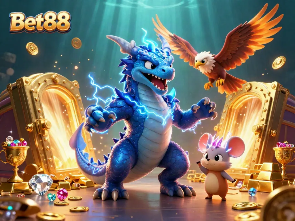 Experience the excitement of Bet88 with electrifying characters in a vibrant casino scene filled with treasures.