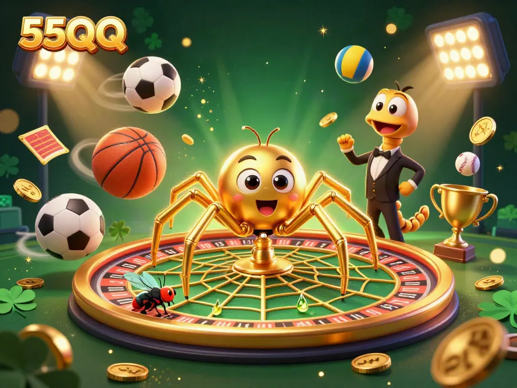 Experience the excitement of 55QQ with a captivating scene showcasing a golden web roulette wheel and dynamic sports betting.