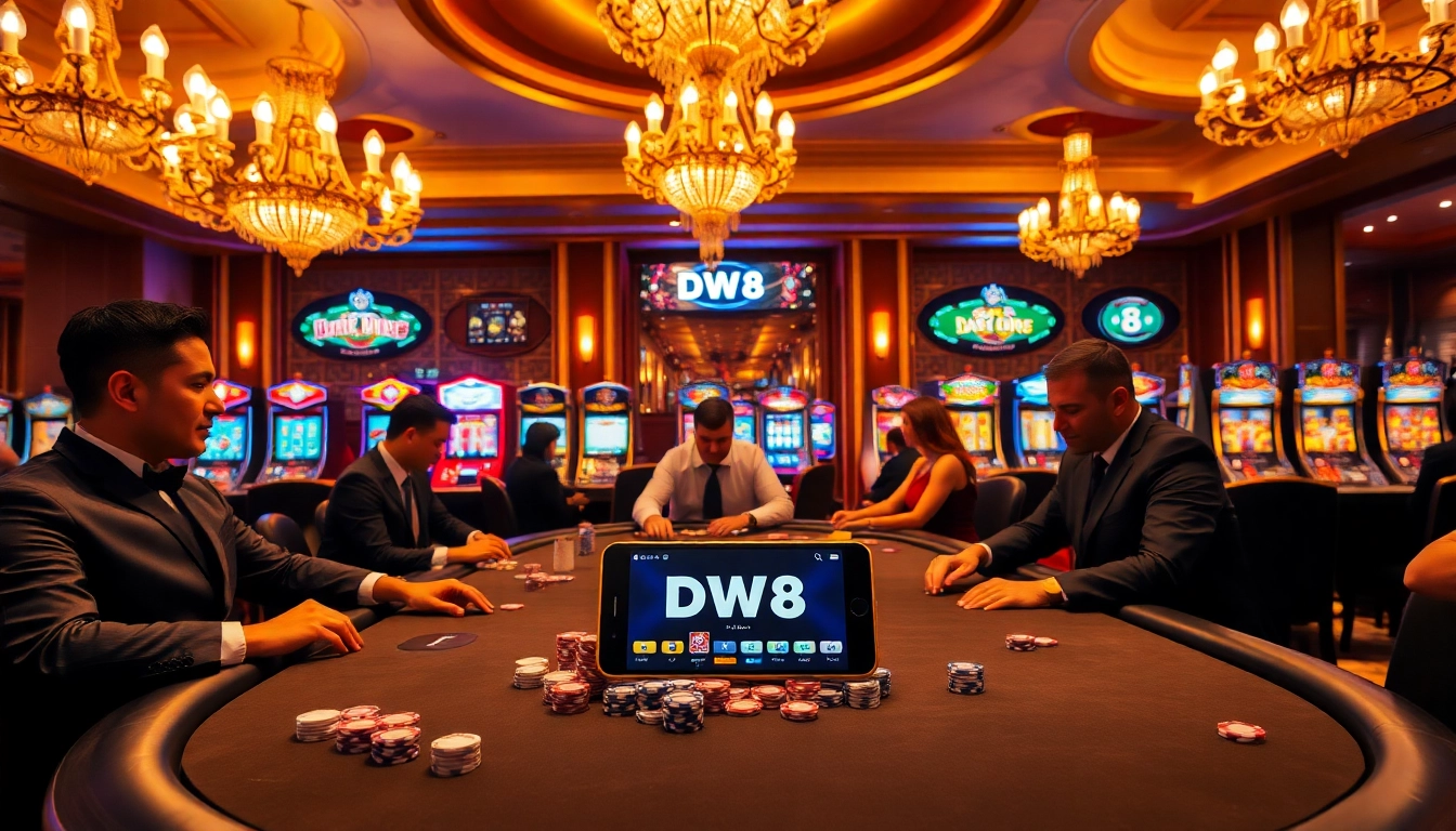 Players strategizing at DW8 poker table with vibrant ambiance and professional dealers.