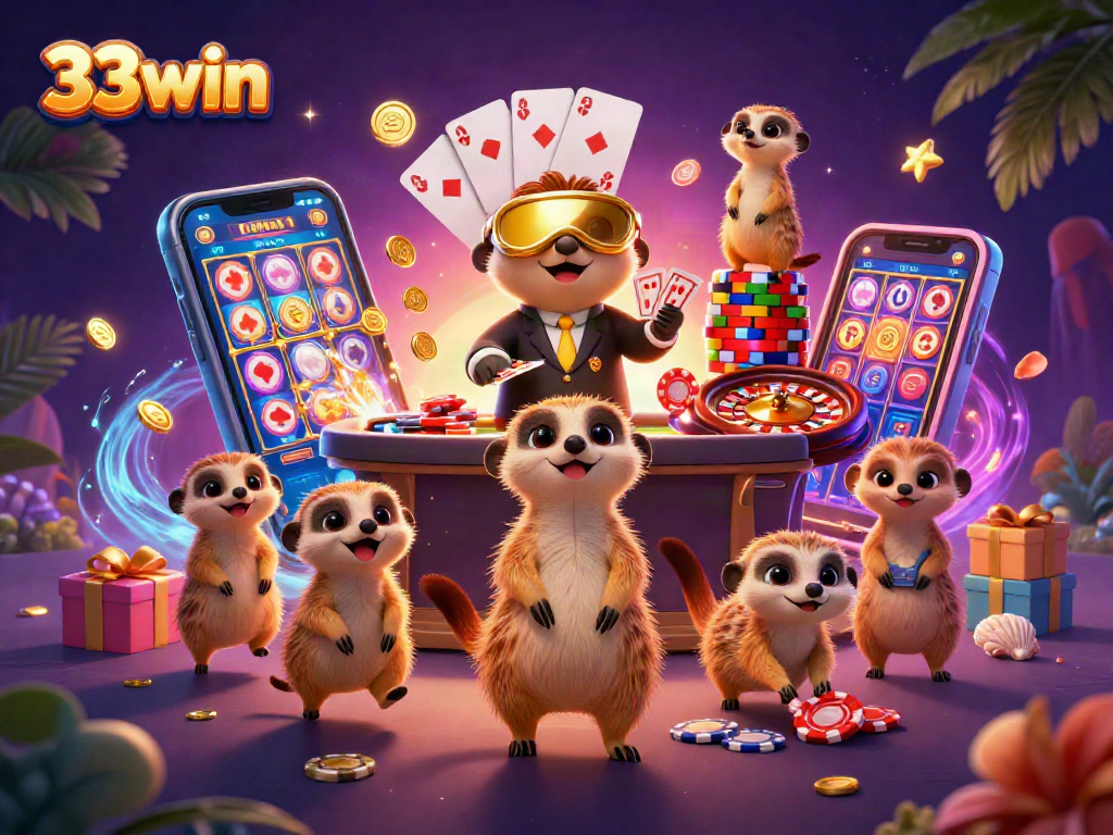 Experience thrilling wins with 33win's vibrant casino illustration showcasing meerkats in action.
