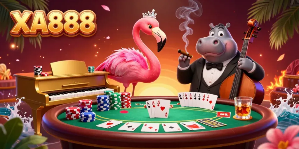 Engage with the exhilarating atmosphere of XA888 casino through vibrant scenes of music and poker action.