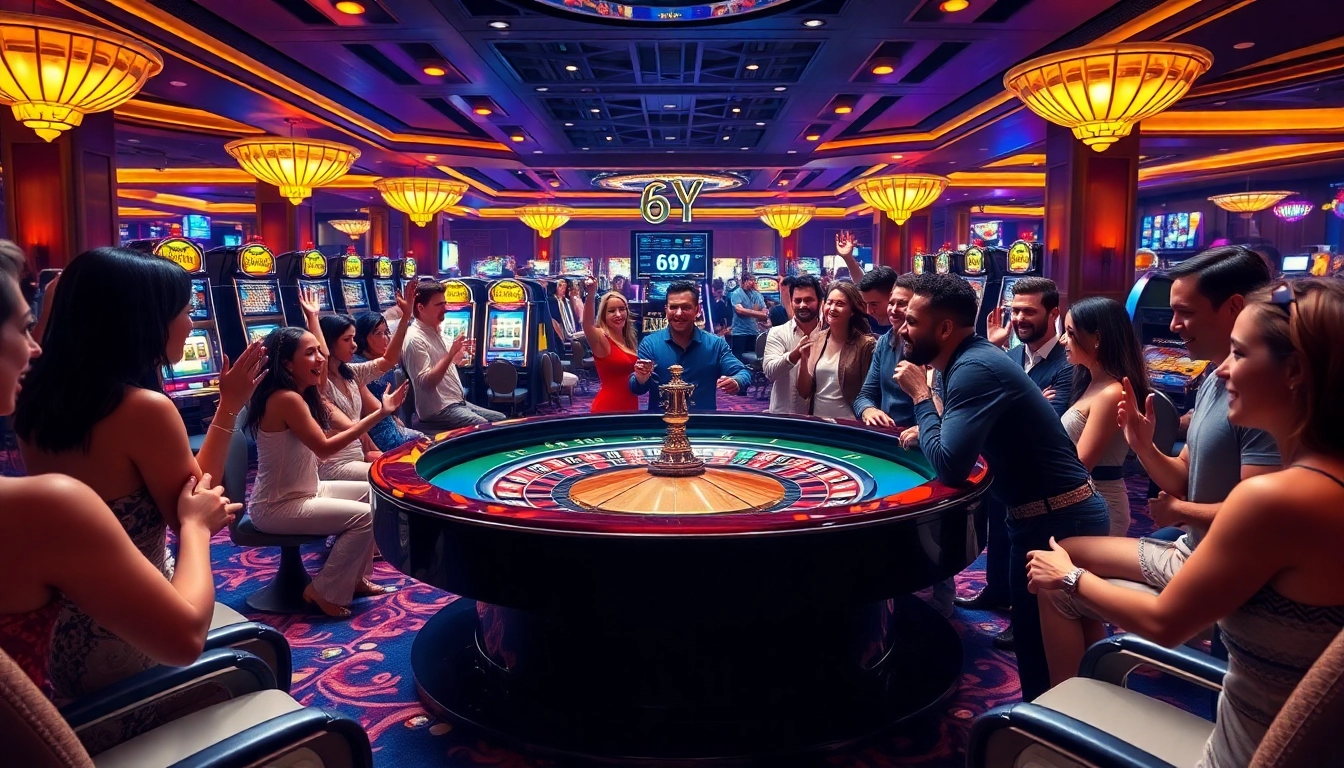 Jogadores comemorando uma vitória em um cassino de luxo, com 69Y em evidência na mesa de roleta.
