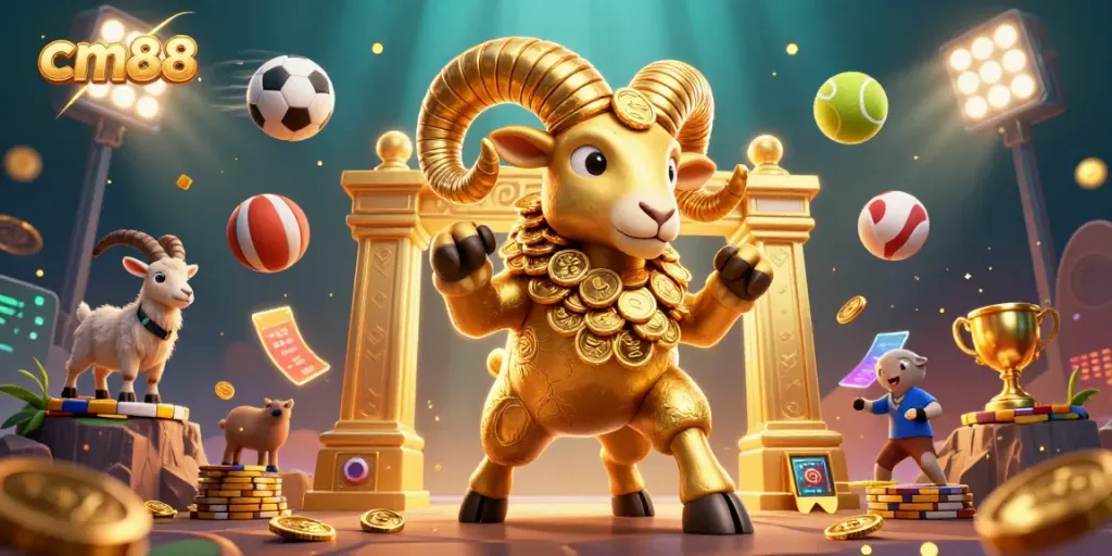 Experience the thrill of cm88 with a golden ram charging through a casino scene, surrounded by dynamic sports elements.