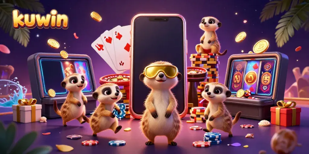 Experience thrilling kuwin gameplay with meerkats managing a vibrant casino scene.