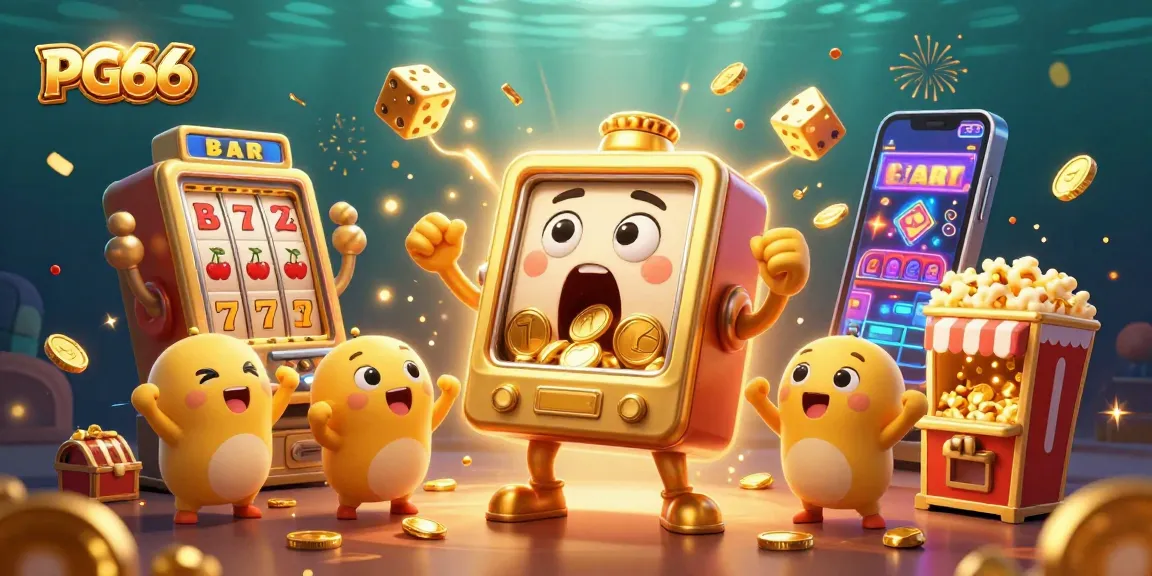 Experience the excitement of PG66 with a golden slot machine celebrating its jackpot while baby slots cheer, surrounded by dynamic casino elements.