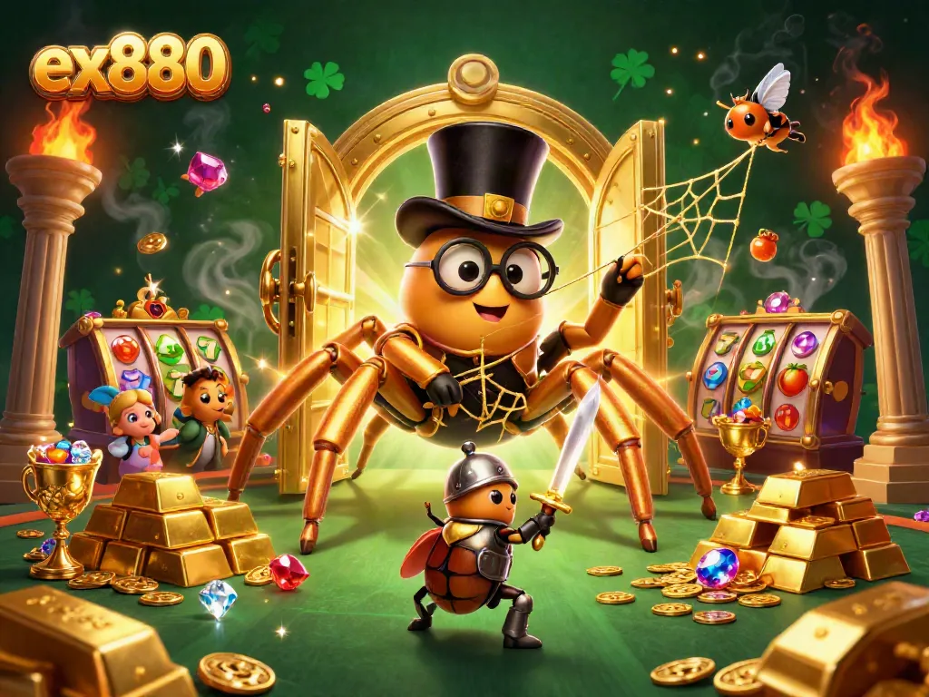 Experience ex880's gaming excitement with colorful slot reels, golden treasures, and whimsical characters.