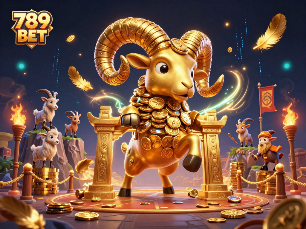 Engage with the dynamic world of 789 BET, showcasing a golden ram charging through a casino arena bustling with energy and gold.