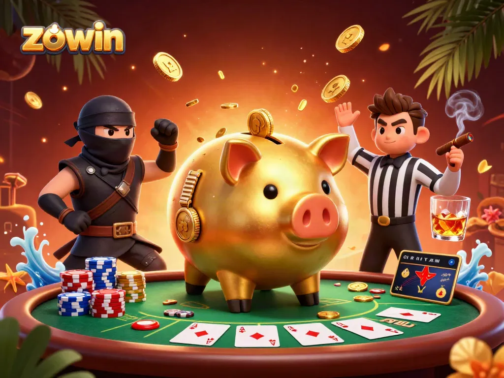 Zowin brings excitement as a golden piggy bank sumo wrestler celebrates wins amidst vibrant casino elements.