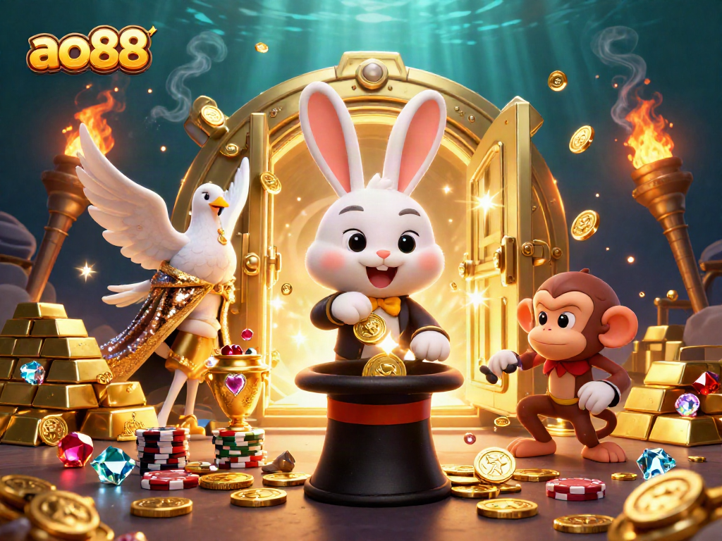 Experience thrilling wins at ao88 with a dynamic 3D casino scene depicting magic and excitement.