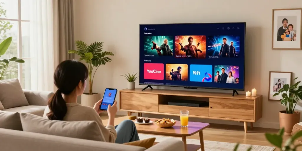 A pessoa assistindo o YouCine e baixando o APK do Youcine na sala de estar.