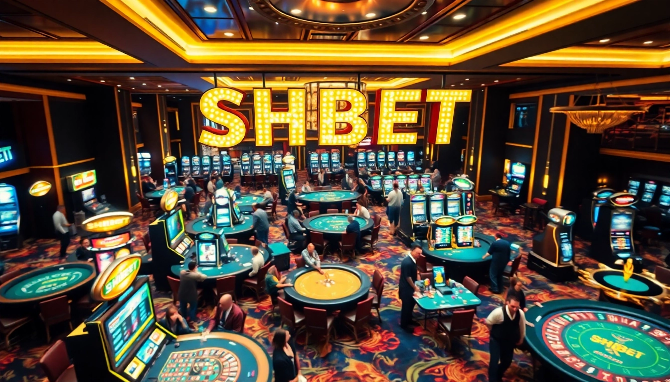 Experience SHBET's thrilling casino atmosphere with vibrant tables and excited players.