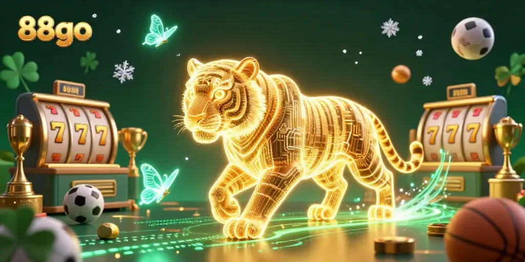 88go's vibrant casino atmosphere features a neon tiger amidst dynamic sports elements and slot games.