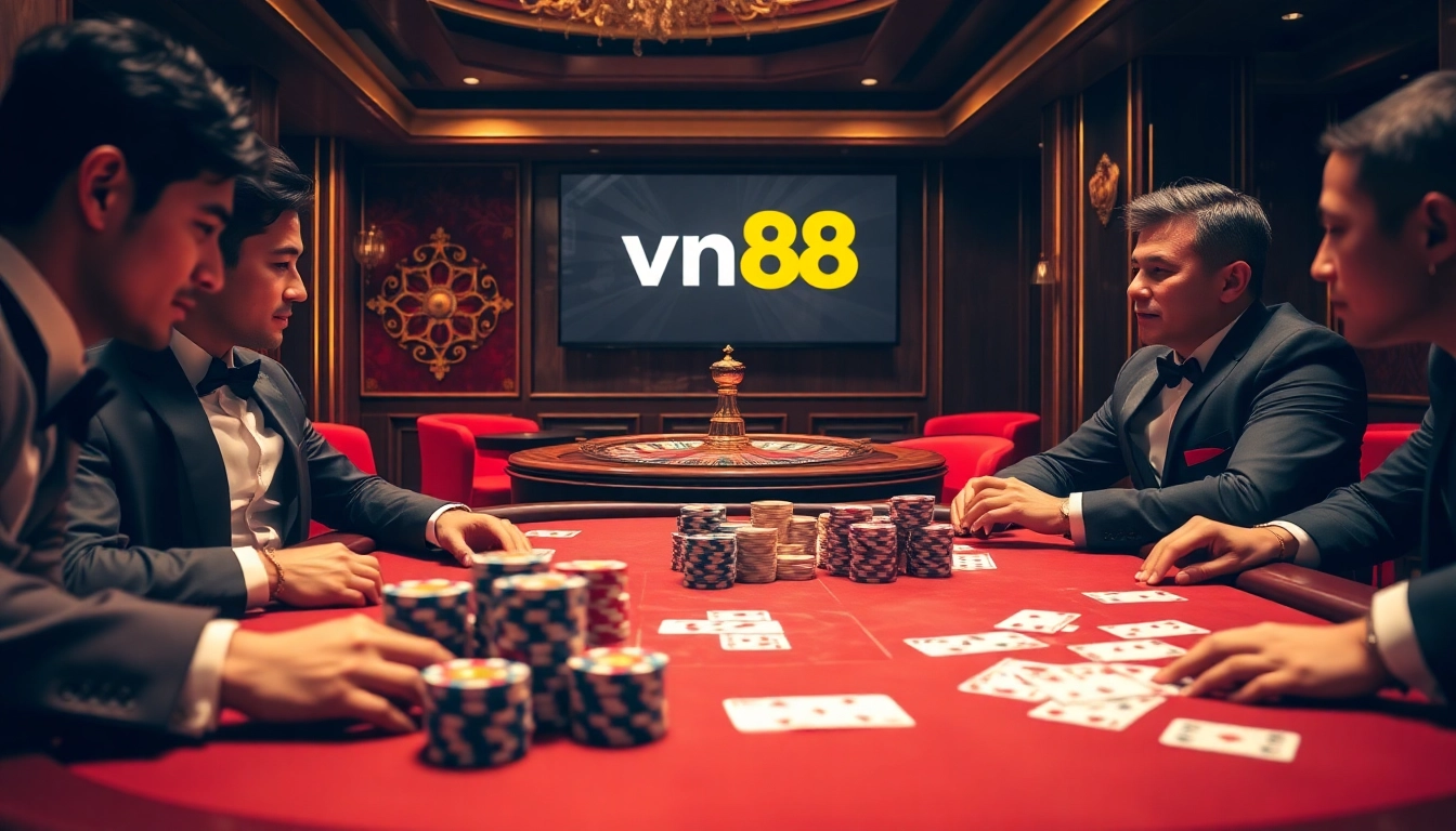 Experience high-stakes excitement with vn88 at a beautifully designed poker table in a luxurious casino.