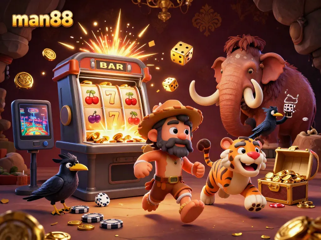 Experience thrilling gameplay with man88 in this vibrant casino scene featuring dynamic 3D characters and colorful gaming elements.