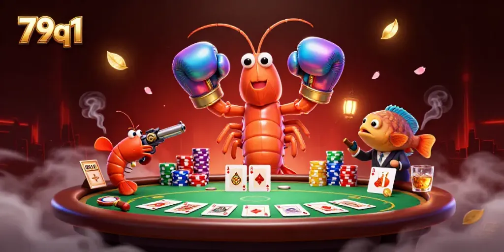 Experience vibrant gaming with the 79q1 platform featuring unique animated shrimp characters at a thrilling poker table.