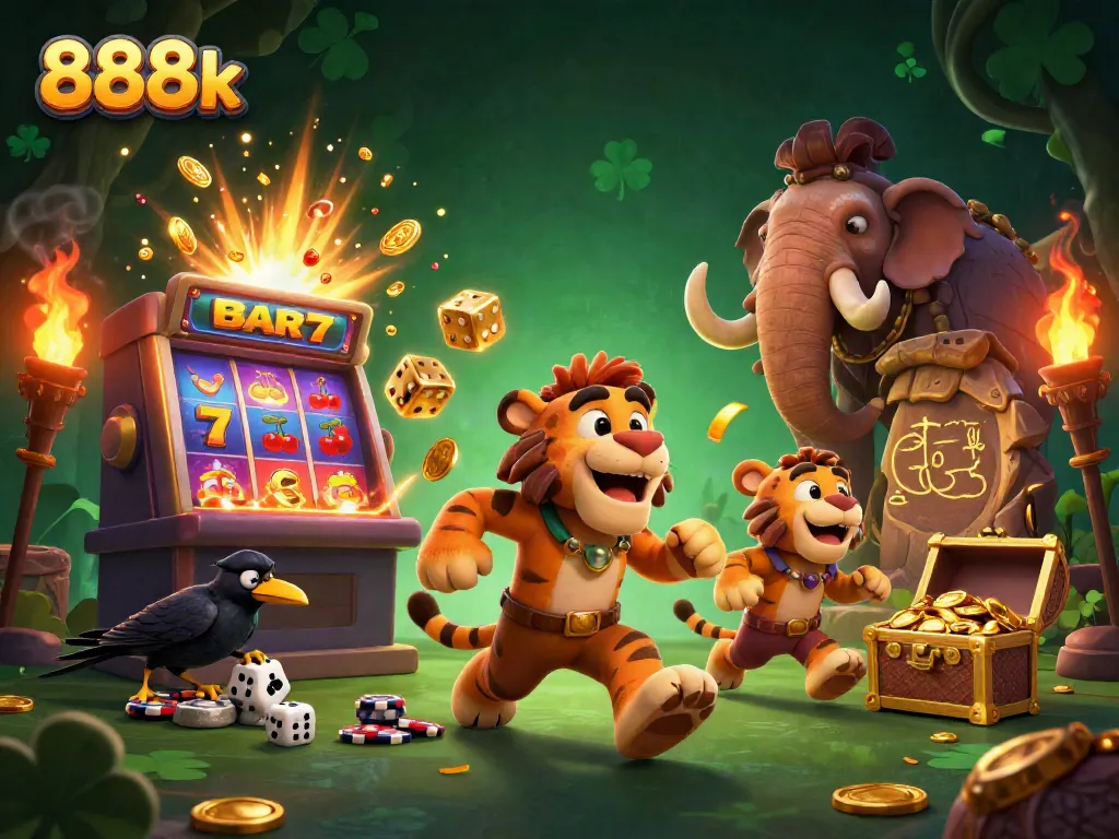 Experience the excitement of 888k with thrilling jackpots and vibrant slot machines in this engaging 3D scene.