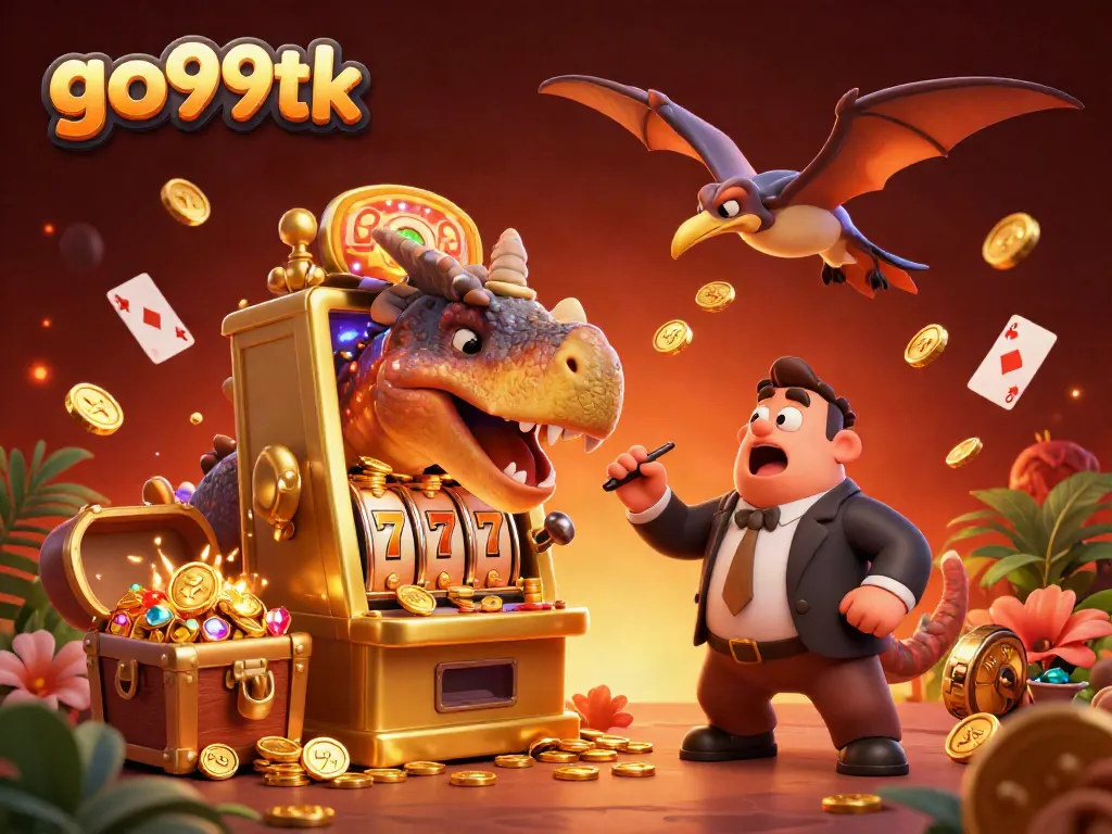 Experience winning action with go99tk as a pachycephalosaurus breaks a jackpot slot machine for coins.