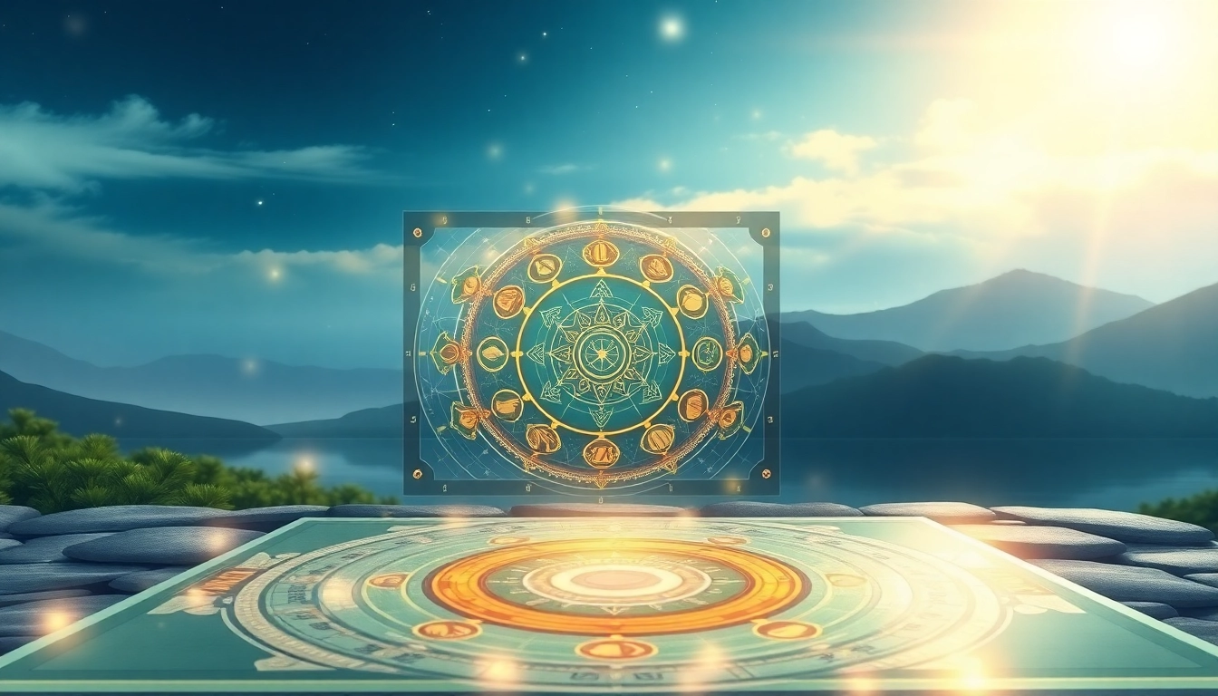 Calculate your destiny matrix chart with vibrant symbols and a serene background.