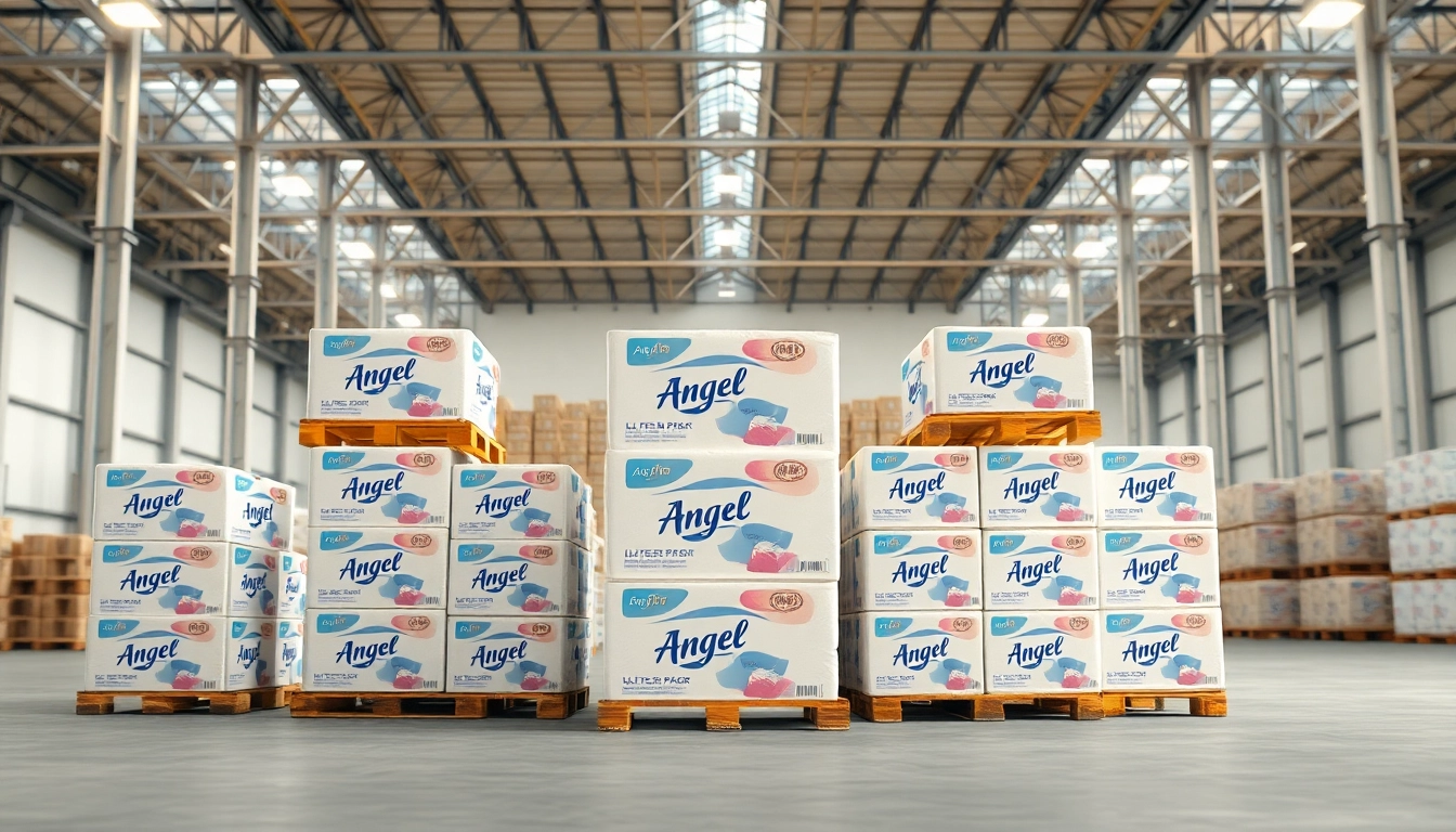 Showcasing Angel Soft Toilet Paper Pallets arranged neatly in a bright warehouse environment.