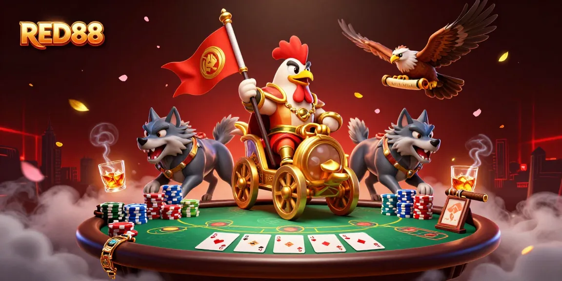 Experience the thrill of RED88 with a 3D illustration of a rooster warlord in a dynamic poker scene.