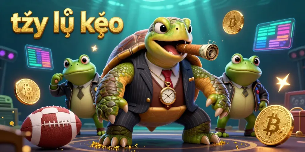 Engage with tỷ lệ kèo through an energetic 3D sports betting scene featuring turtle and bullfrog characters.