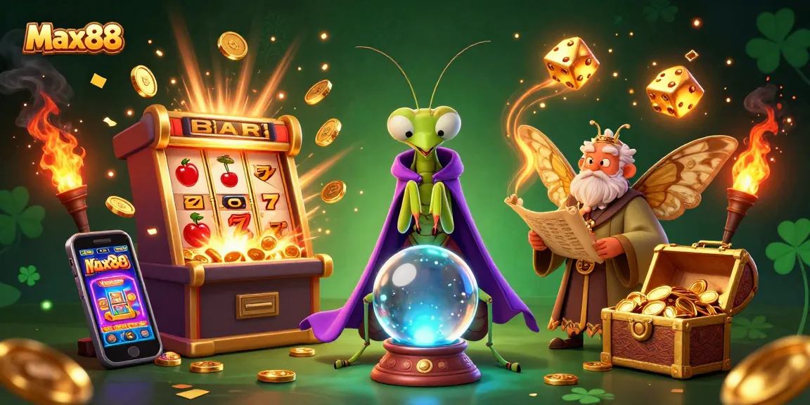 Experience the excitement of Max88 with a vibrant 3D illustration showcasing a mystical fortune teller and casino symbols.