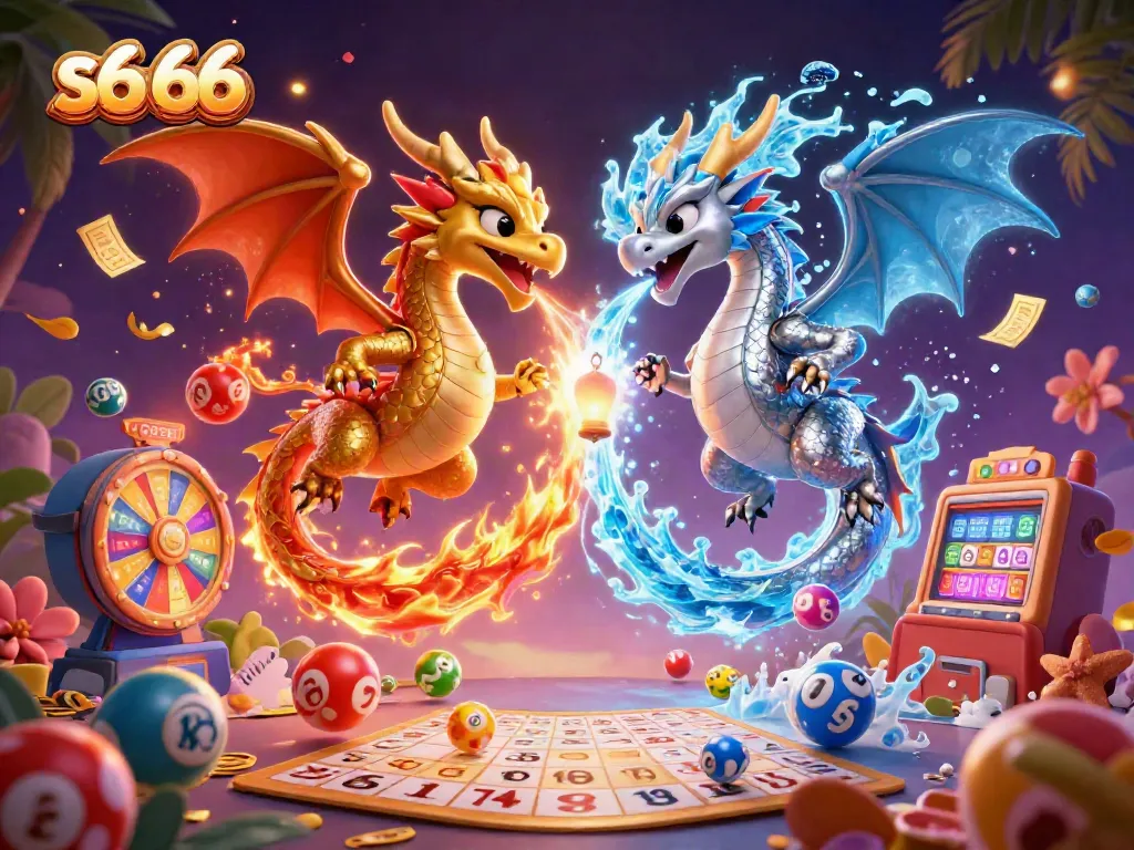 Engage in thrilling gaming with s6 66 depicted through golden and silver dragons illuminating a vibrant lottery scene.