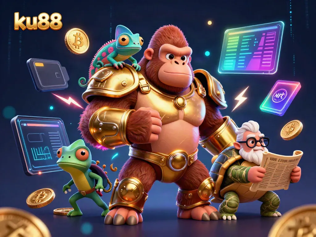 ku88 offers a dynamic gaming experience with a powerful gorilla king and colorful chameleon in a vibrant casino scene.