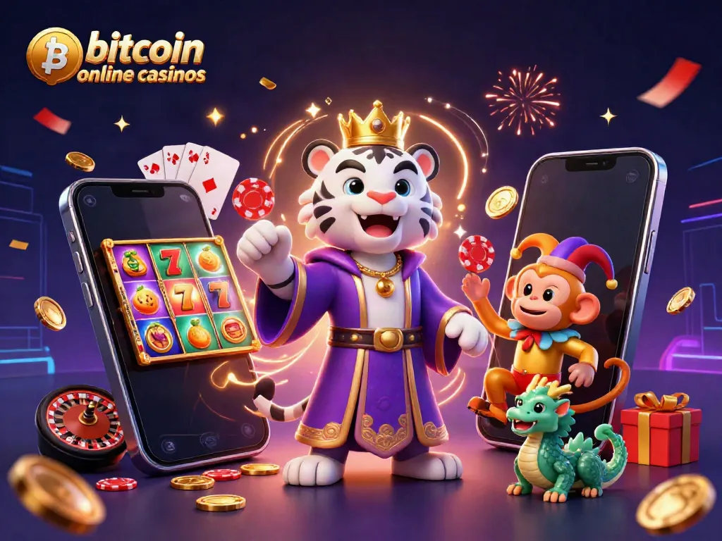 Experience the thrill at bitcoin online casinos with a vibrant 3D scene featuring a royal tiger and playful monkey.