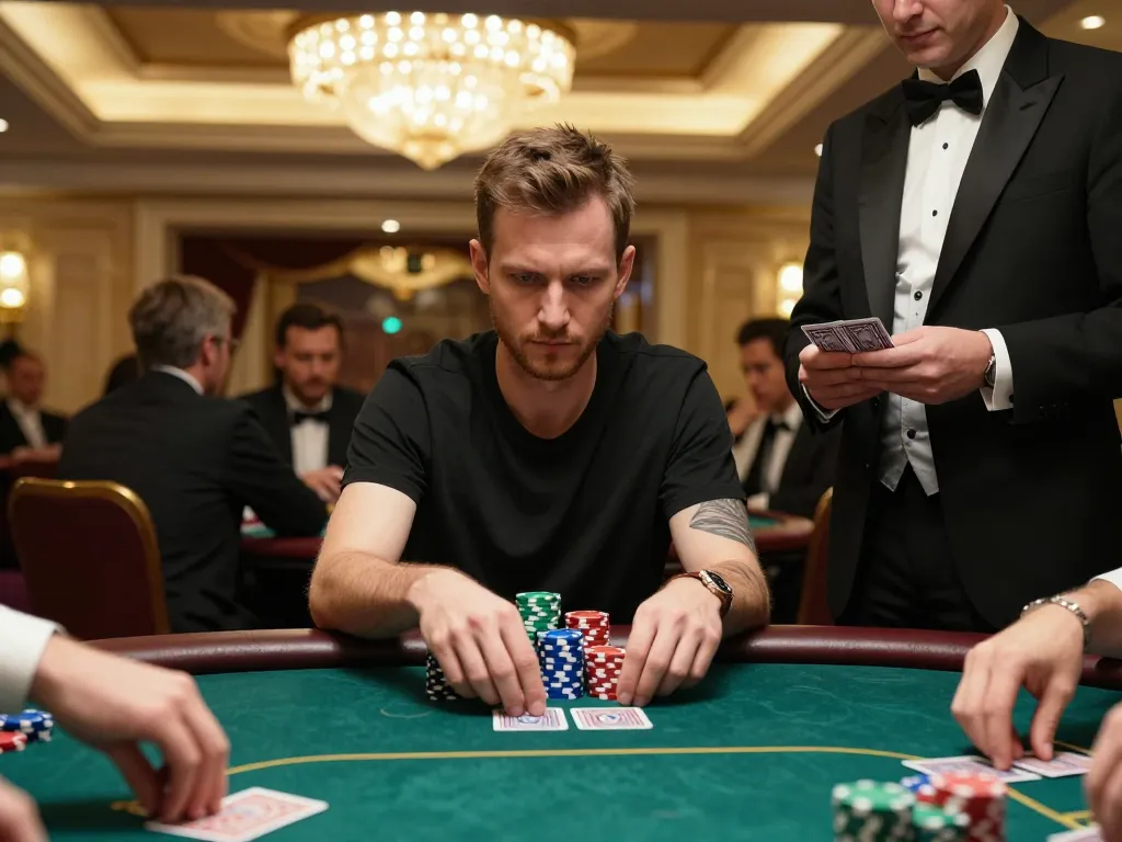 Player at a high-stakes poker game showcasing strategies with 27G chips stacked in a luxurious casino atmosphere