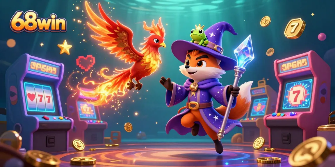 Engage with the vibrant 68win casino world featuring a wizard fox, phoenix, and dynamic game elements.