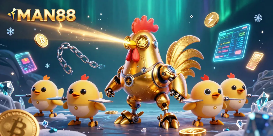 Experience the thrilling world of MAN88 as the golden rooster robot leads baby chick drones amid cryptocurrency elements.