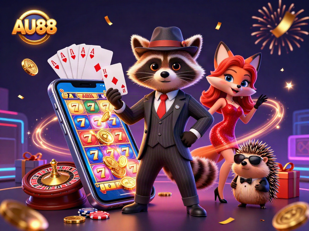 Experience AU88 adventure with a raccoon holding a royal flush amidst colorful casino elements.