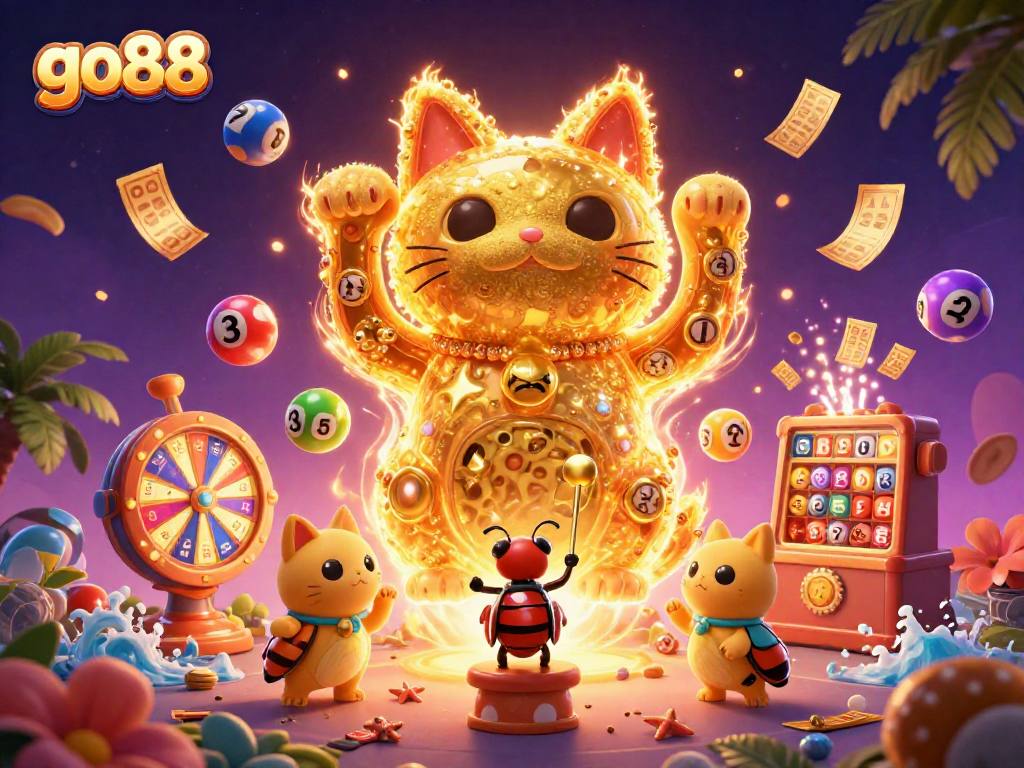 Experience go88's thrilling winnings in a lively scene featuring 3D lucky cat and dynamic casino symbols.