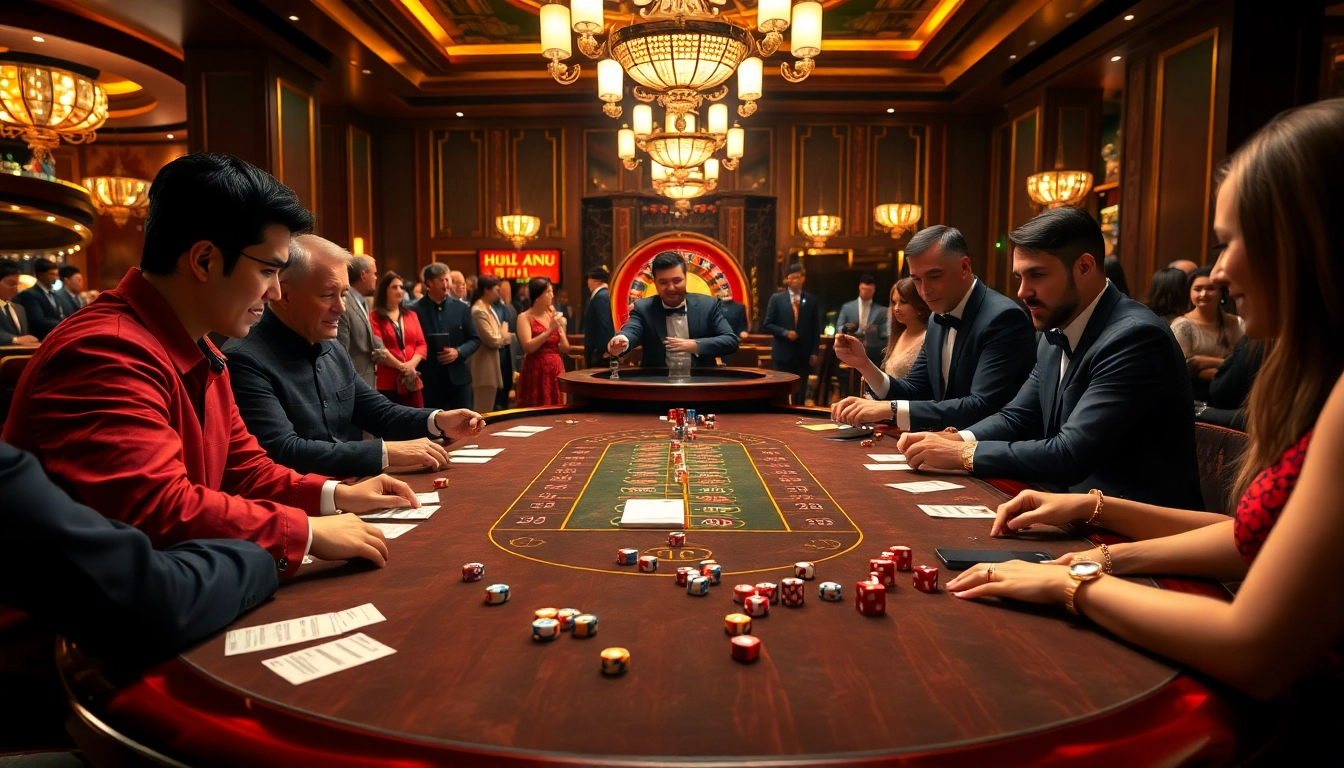 Players engaging in da88 tài xỉu at a luxury casino table, surrounded by vibrant chips and dice.