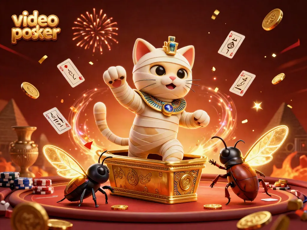 Experience thrilling video poker with an Egyptian mummy cat, lucky scarab beetle, and poker elements.