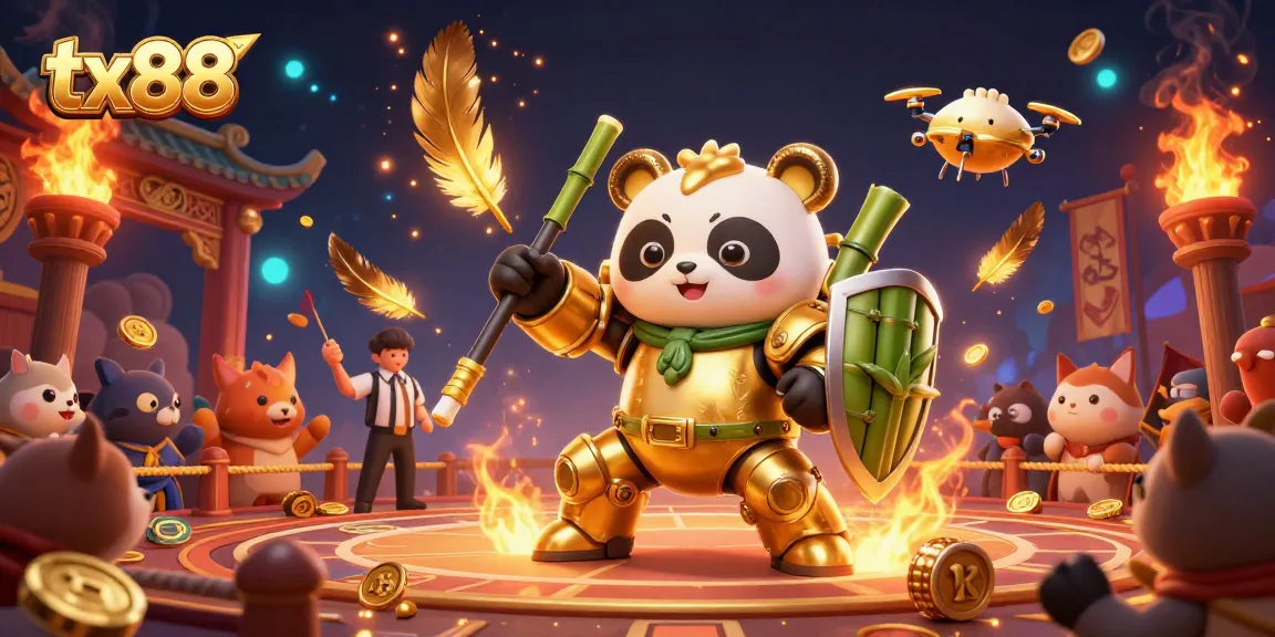 Engage with tx88 at a vibrant casino, featuring a mech-suit panda battling amid cheering spectators.