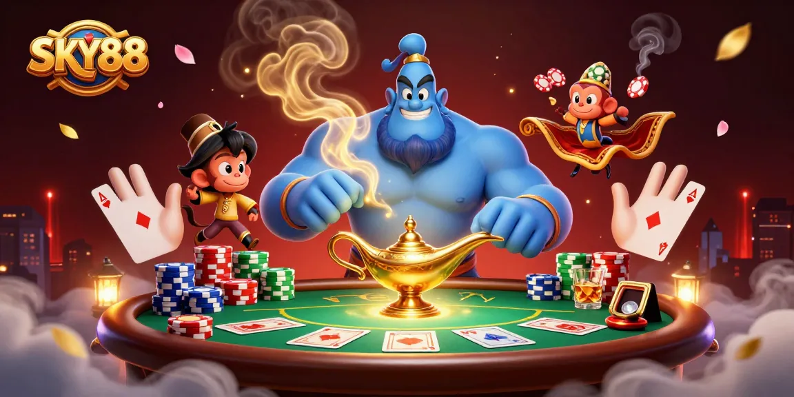 SKY88 shines with a magical scene featuring a blue genie, poker elements, and vibrant casino details.
