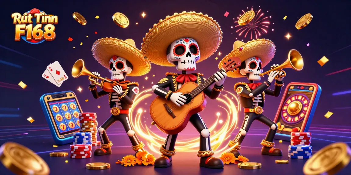 Experience Rút Tiền F168 with energetic mariachi skeletons celebrating casino wins.