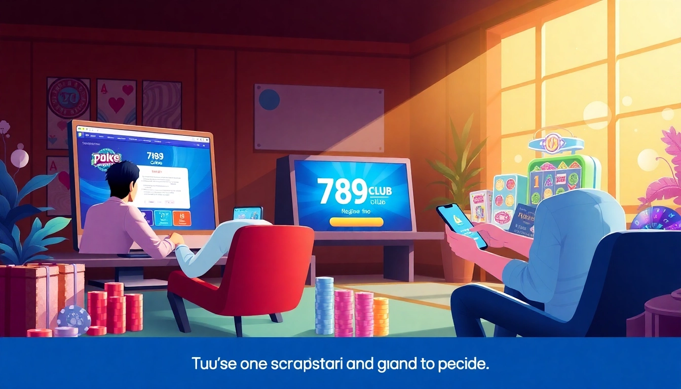 Hướng Dẫn Đăng Ký 789club Chi Tiết Và Dễ Hiểu illustration showing users registering on both website and app in an exciting gaming environment.