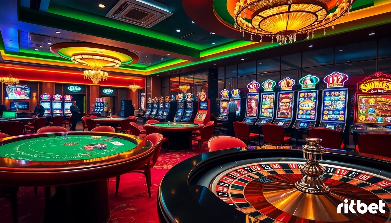 Experience the excitement of rikbet with players engaging at vibrant casino tables and dazzling slot machines.