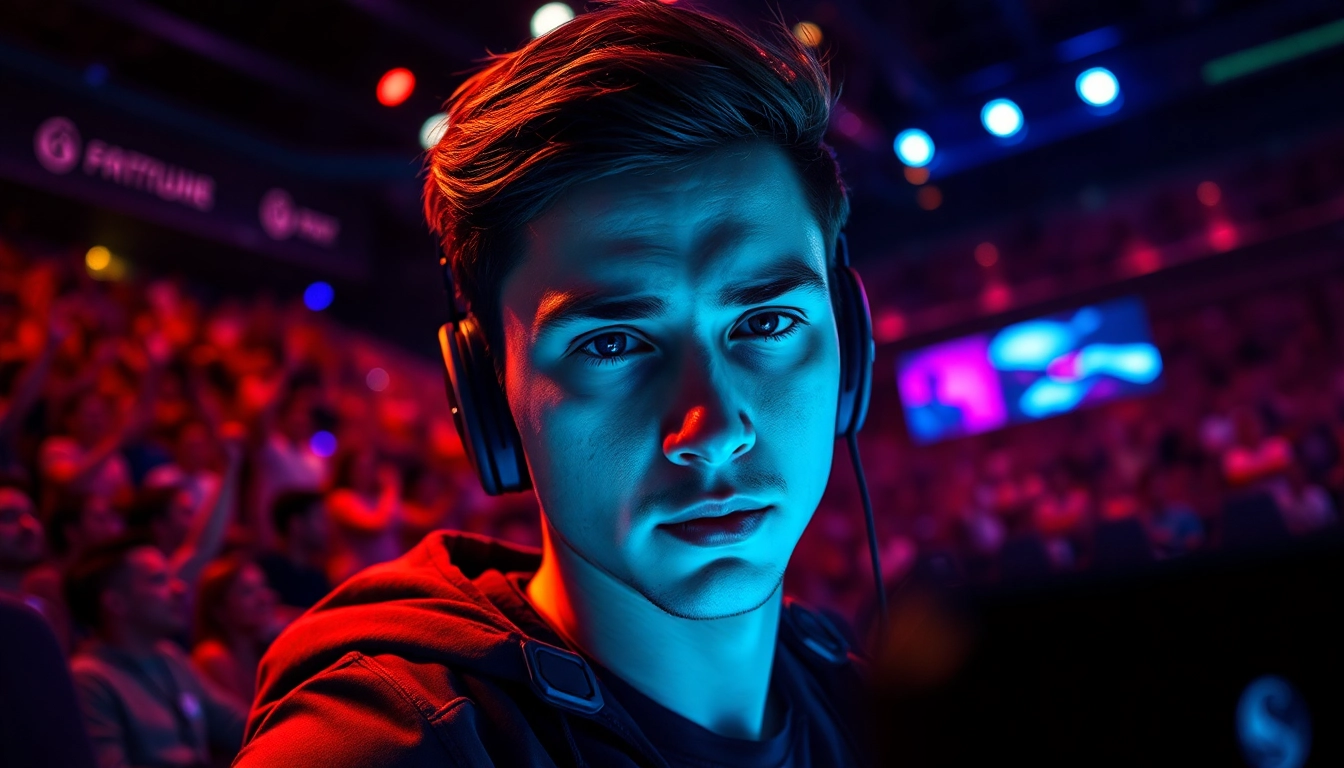 Experience an intense ggwin esports tournament featuring a focused player amidst bright lights and cheering crowds.